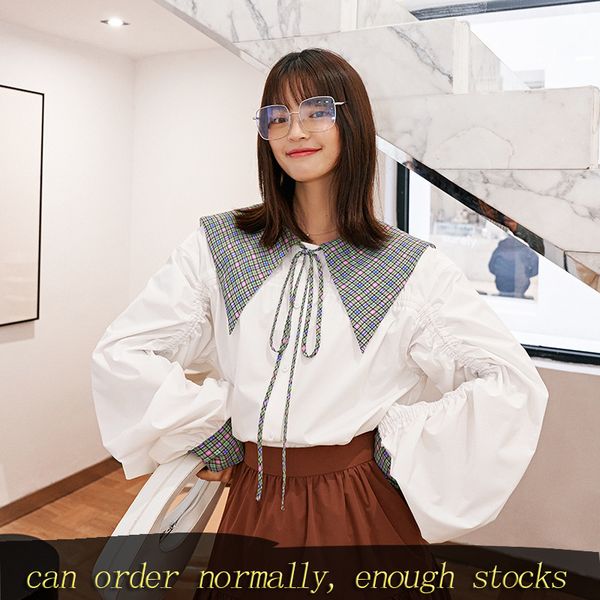 

lanmrem can ship cotton hit color tie turn down collar white shirt for women 2020 spring new long sleeve vintage yh949