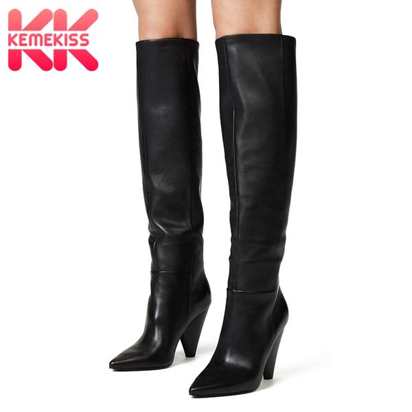 

kemekiss plus size 31-45 women high heels boots real leather spike heels fashion over knee boots women winter footwear, Black