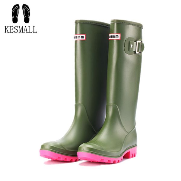 

kesmall 2019 women tall rain boots waterproof pvc work knee high rain boots flat anti-slip rubber rainy day shoes woman ws583, Black