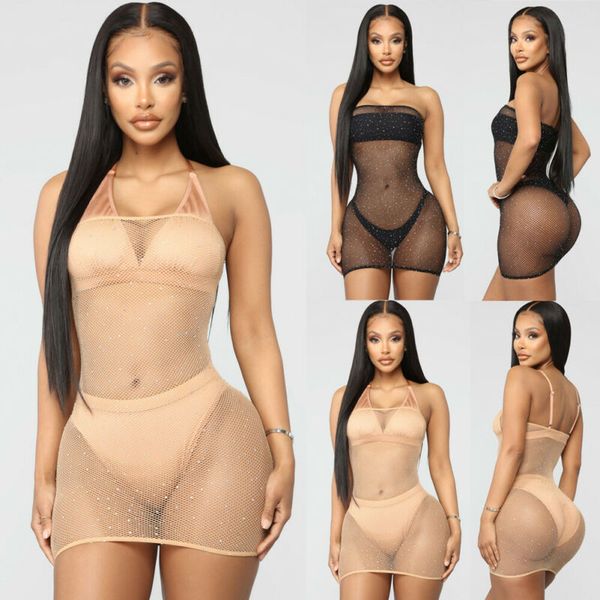 

women off shoulder bikini cover up swimwear mesh perspective shining summer ladies short beach dress, Blue;gray