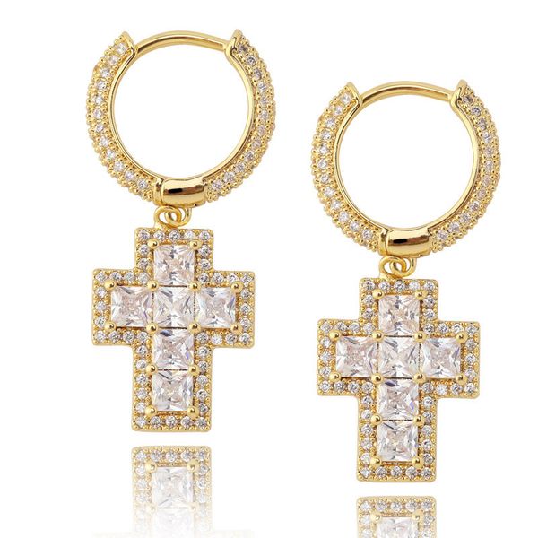 18K Gold überzogen Großes Kreuz-Ohrring-Ohr-Klipp Micro Gepflasterte Iced Out CZ Charme Herren-Ohrring