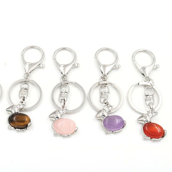 

10 pcs trendy silverl plated rabbit shape amethyst crystal key chain tiger eye stone animal jewelr, Slivery;golden