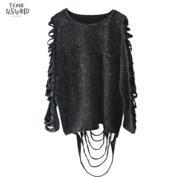 

xitao] 2020 europe punk personality style women washing black color hollow out and tassel women short t shirts yj001, White