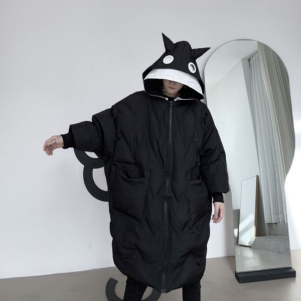 

men oversize bat sleeve double hat loose hooded long cotton padded jacket male women streetwear hooded parka coat overcoat, Black