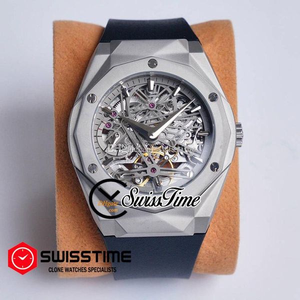 

sale automatic tourbillon mens watch titanium steel gray skeleton dial black rubber strap watches swisstime hubg36b2, Slivery;brown