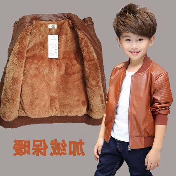 

children pu jacket kids winter boys velvet padded, Black
