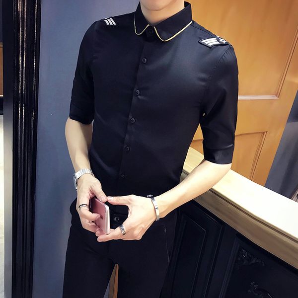 

стюардессы одежда летняя половина рукава рубашки мужчин простые тонкий fit повседневные мужские рубашки марка камиза masculina black / white, White;black