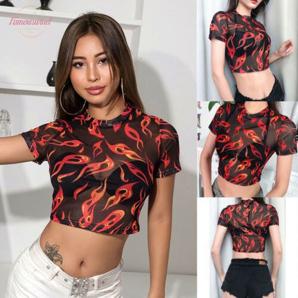 

2020 new fashion summer women short sleeve crew neck sheer mesh see through transparent flame print crop t shirt, White