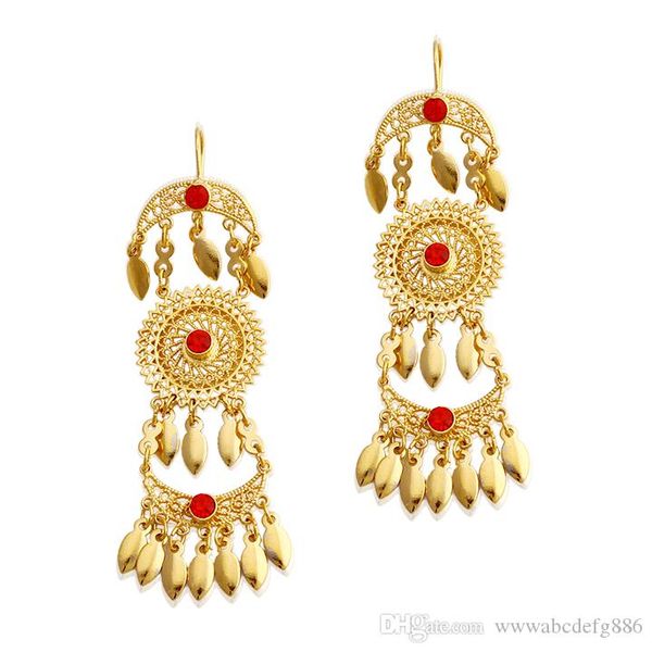 

traditional wedding dubai bohemia 24 k yellow fine solid gold gf dangle earring with red zircon vintage ethnic african earring, Silver