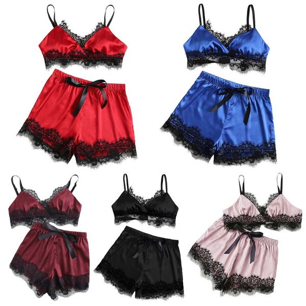 

women summer contrast pajamas set spaghetti crop bra wide leg shorts eyelash floral lace patchwork split sleepwear new, Blue;gray