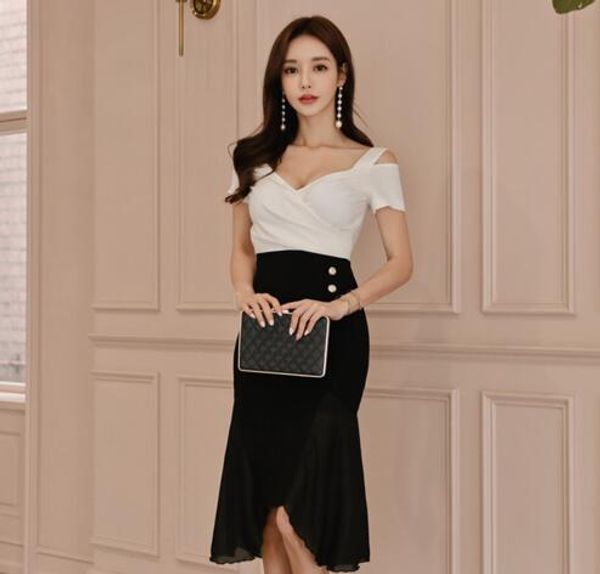 

black and white contrast color strapless back dress female summer new fake two-piece banquet slim slim irregular dress, Black;gray