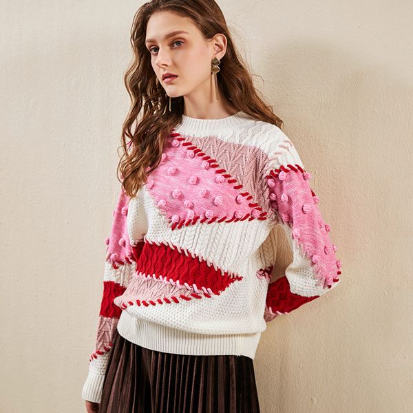 

sweater women's pullover autumn spring heavy industry wool ball color matching sweaters long sleeve pull femme ta7806, White;black