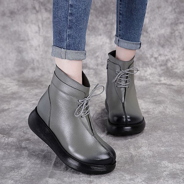 

oukahui winter warm flat platform boots women shoes genuine cow leather 2020 handmade vintage mid heel 5cm lace up ankle boots, Black