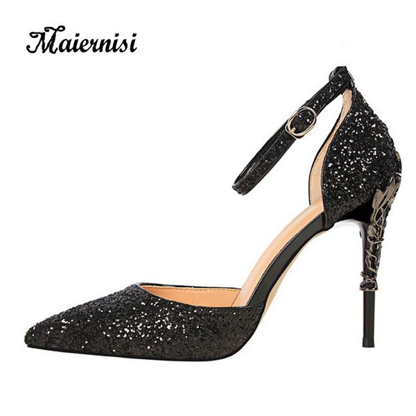 

maiernisi women pumps stainless steel 9.5cm female elegant wedding shoes buckle strap single shoes all-match party high heels, Black