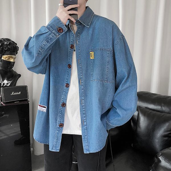 

2020 men's long sleeve blouse korean designer mens clothing brands button down denim shirts with brand pocket casual shirt, White;black