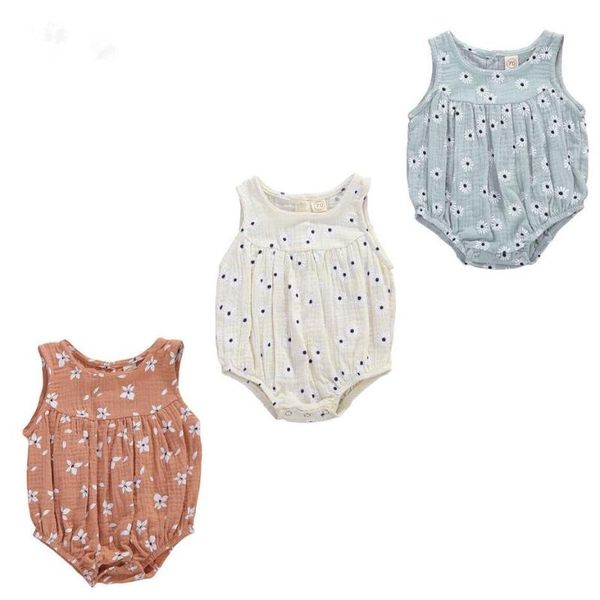 

0-24m infant baby cotton linen romper girls floral print sleeveless soft playsuit jumpsuit 3 colors, Blue