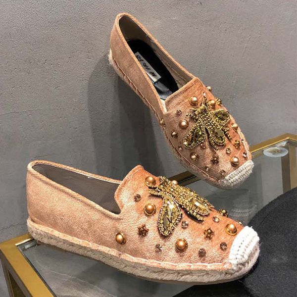 

crystal bee espadrilles women flats shoes velvet loafers round toe fisherman shoes rhinestone creepers girls moccasin, Black