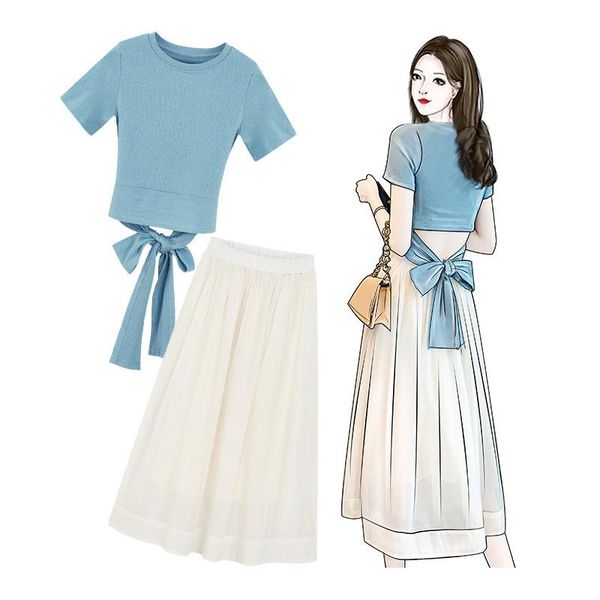 

ichoix spring summer 2 piece set lace up t-shirt mesh midi skirt korean 2 piece outfits festival clothing skirt set, White