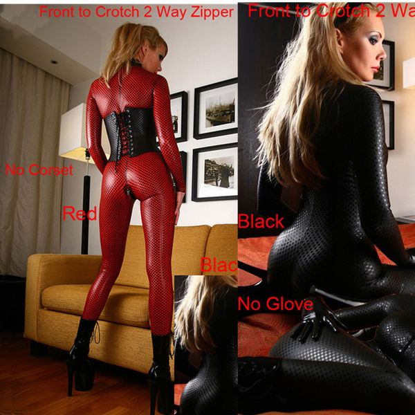 

women black red faux leather latex catsuit clubwear jumpsuit with zipper to crotch fetish bondage harness costumes, Black;white