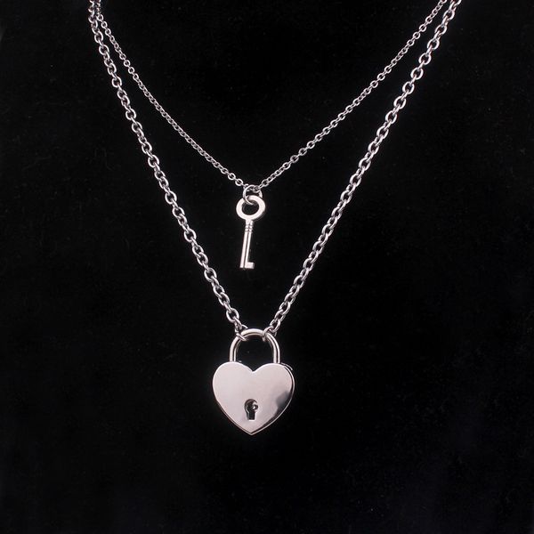 

new layered chains hiphop punk stainless steel padlock necklace men rock heart lock with key necklaces for women, Silver