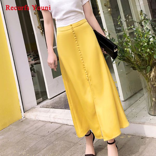 

лето японский ацетат шелк макси юбка женщины женский блестящий атлас кнопка сплит длинный прохладный пляж faldas mujer темно-синий желтый юп, Black