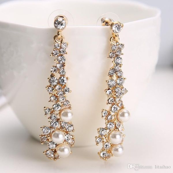 

fashion lixintai brand women's long pendant earrings inlaid pearl made with swarovski crystal glittering earrings fine jewelry ear stud, Silver