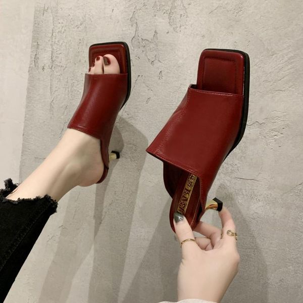 

2020 new square toe mules heels slippers sandals women solid high heels women slides ladies party sandals shoes, Black
