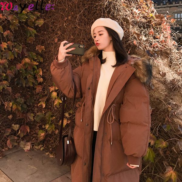 

winter bread coat women 2019 fashion korean thick fur collar hooded cotton padded long parkas women long coat female overcoats, Black