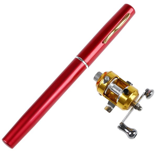 

mini pocket pen fishing rod pole with golden baitcasting reel set-red