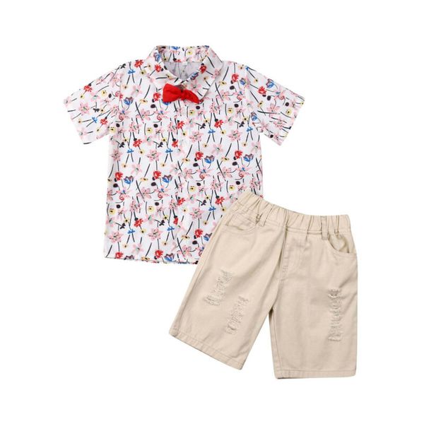 

summer 2pcs kids baby boy clothes floral shirt +shorts pants outfits bow tie gentleman suit set for children formal clothes, White