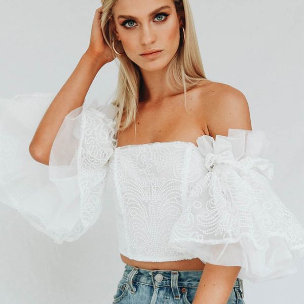 

elegant off shoulder lace mesh crop women hollow out white tank tosp 2020 cool girls flare sleeve tube camis