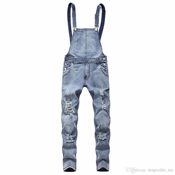 

2019 fashion men's suspender pants size s-xxxl ripped jeans jumpsuits hi street distressed denim bib overalls for man, Blue