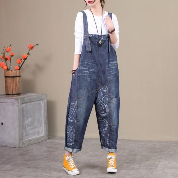 

casual spliced printed overalls denim jumpsuits 2020 spring autumn women loose denim rompers jeans suspender pants p1007, Black;white