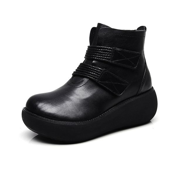 

women's ankle boots 2019 autumn winter genuine leather thick sole ladies shoes retro ankle boots for woman winter boot shoes, Black