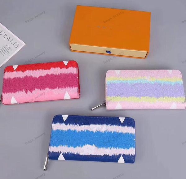 Frau klassische Brieftasche Mode Tie-Dye echtes Leder Geldbörse Kartenhalter Clutch Bag Damen lange Handtasche Etikett Verkauf Box