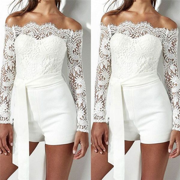 

off shoulder lace hollow out playsuits skinny romper women summer long sleeve patchwork bandage, Black;white