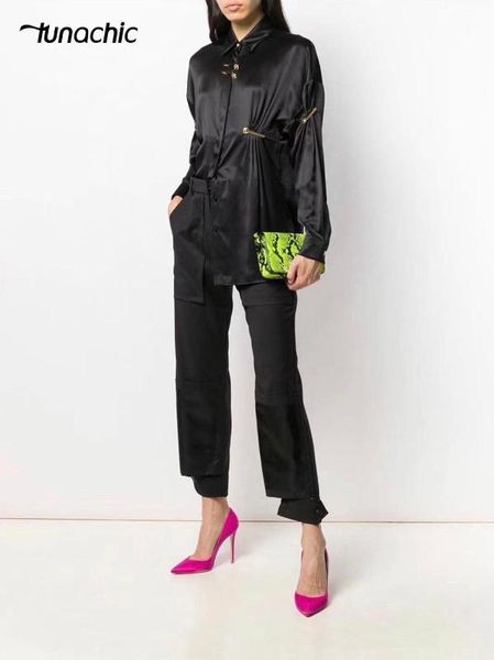 

chic runway italian brand fashion women's2020 autumn and winter pin design black shirt, White