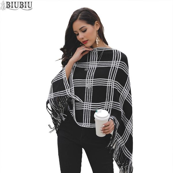 

biubiu plaid knitted for women sweaters warp cloak tassel loose winter coats batwing sleeve woman casual autumn ladies sweater, White;black