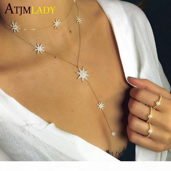 

gold color long lariat chain cz station delicate link chain sparking star charm pendant y women fashion jewelry necklace