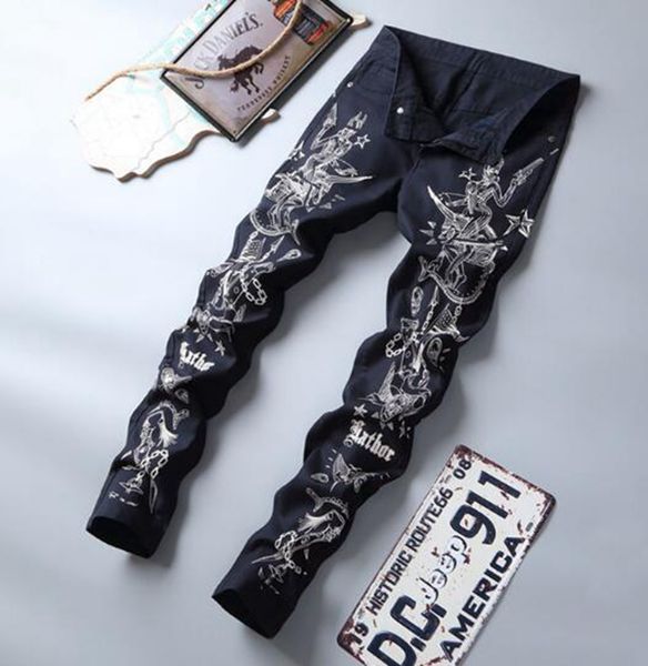

european american and korean men's new fashion trend slimming straight straight tube black and white printed small leg trousers / 28-36, Blue