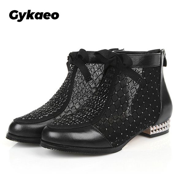 

gykaeo 2020 fashion rhinestones bow gauze sandals summer new mesh boots real leather women's shoes hollow boots large size 35-43, Black