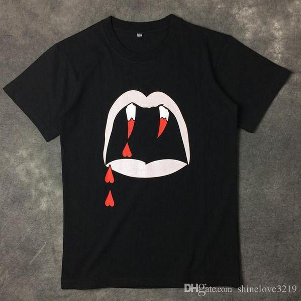 

european2017 кровь вампир зубы зубы вампира футболка тройник правый zhilong тот же пункт хлопок повседневная свободная футболка, White;black