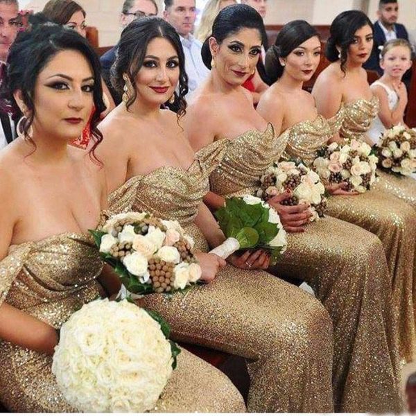 

Sparkly Mermaid Bridesmaid Dress 2019 Long Off the Shoulder Pleats Gold Sequins Bridesmaid Dresses Custom Made Wedding Party Gowns