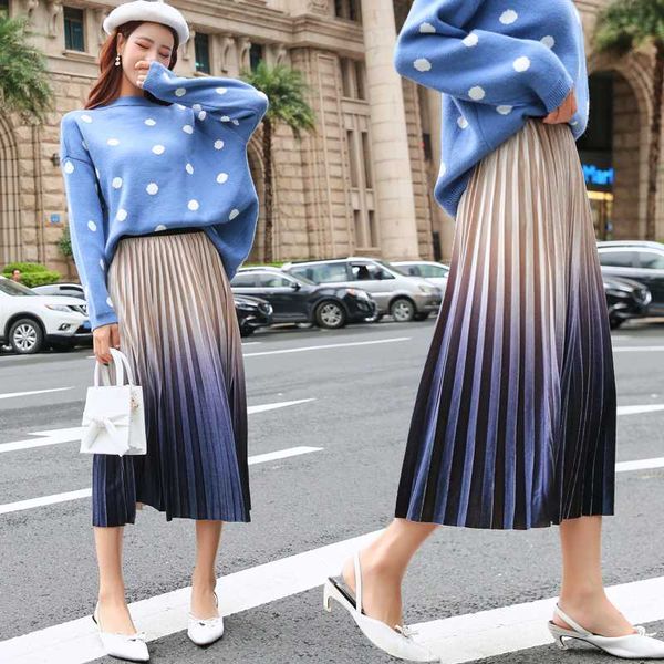 

pleated skirts 2020 autumn women long fall maxi bottom clothes midi high waist elastic casual graduate color lady party skirt, Black