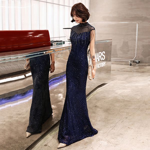 

navy blue beading chinese sequins oriental party female cheongsam stage show qipao elegant celebrity banquet dresses, Red