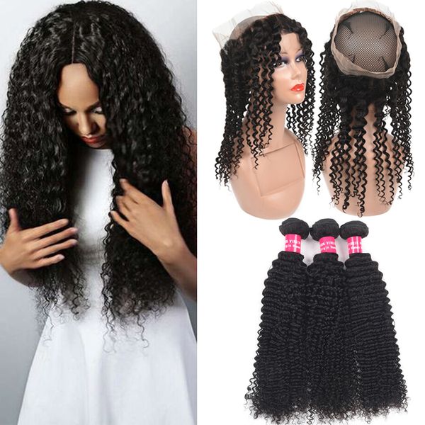 

9a remy brazilian kinky curly virgin human hair 3 bundles with 360 full lace closure deep body loose wave kinky curly straight human hair, Black
