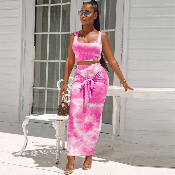 

womens dyeing print tie knot u neck crop and long dress clubwear sets, White