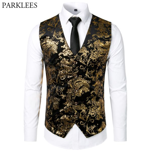 

men jacquard floral vest luxury shiny bronzing men suit vests nightclub party dress vest casual mens wedding waistcoat gilet, Black;white