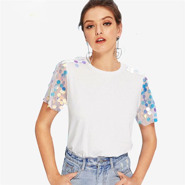 

womens womens shirts white contrast sequin mesh sleeve preppy t shirt tee summer sheer weekend casual tee basic women clothing