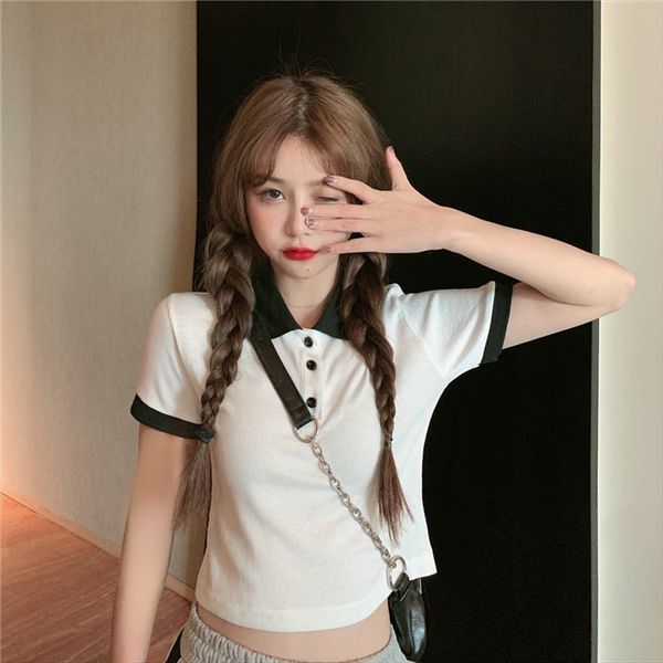 

cotton ins contrast color polo collar short short-sleeved t-shirt shop women's clothing cotton ins contrast color polo collar short sho, White